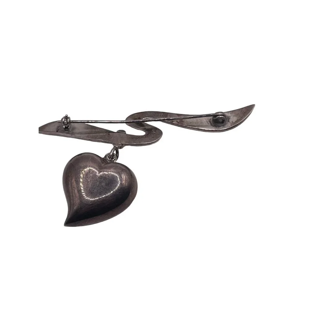 Vintage Sterling Silver 925 Puffy Dangle Heart Hollow Ribbon Brooch Pin 9g‎ MCM